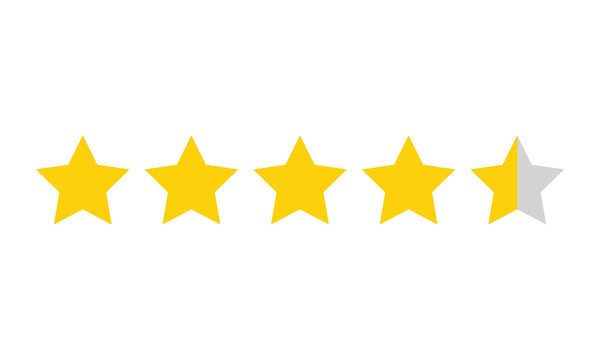Five stars rating icon set with yellow filled stars and gray empty stars showing different user experience level feedback performance score quality assessment ranking web design element.