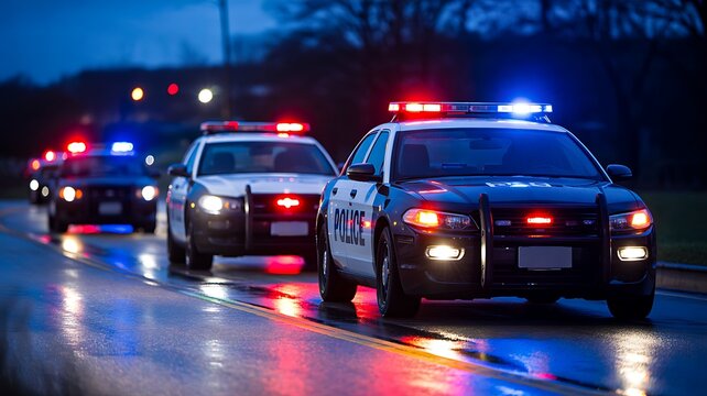 Police patrol vehicles with flashing emergency lights on city street at night