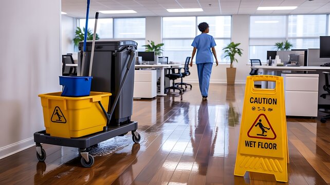 Professional janitorial cleaning cart with wet floor caution sign in modern office