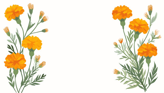 A beautiful watercolor illustration of vibrant orange marigold flowers with green stems and leaves, arranged on the left and right sides against a white background.