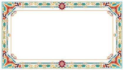 Ornate rectangular frame with intricate floral and geometric patterns in warm colors, suitable for invitations or certificates. © Pitu