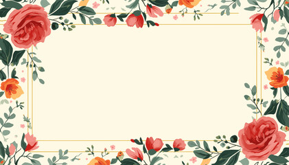 A beautiful floral frame with roses and green leaves on a cream background, perfect for invitations or greeting cards. © Pitu