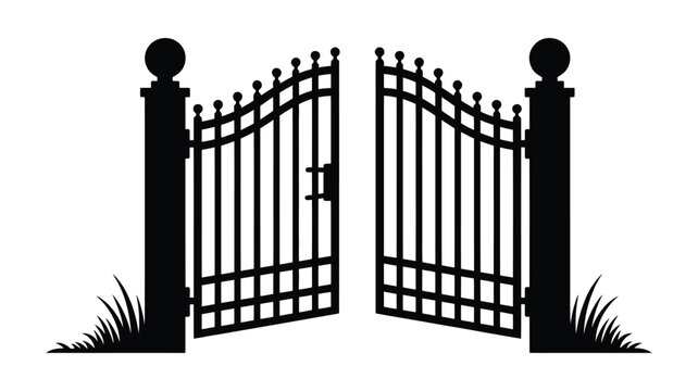 Ornate Wrought Iron Gates, with Decorative Finials and Grass Isolated on White Vector Illustration