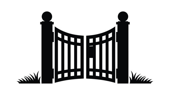Ornate Wrought Iron Gates, with Decorative Finials and Grass Isolated on White Vector Illustration