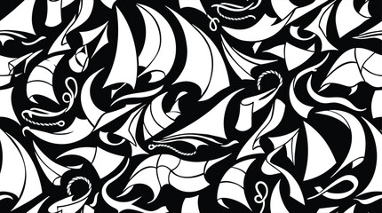 Seamless pattern of abstract white sail shapes and rope knots on a solid black background, for nautical themes © MD