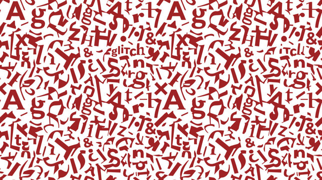 Seamless pattern featuring scattered red alphabet letters and typography characters on a plain white background