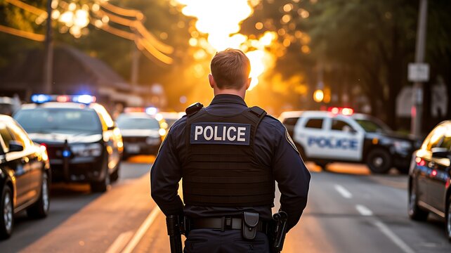 Police officer standing on street during active law enforcement operation