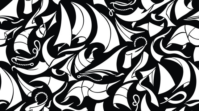 Seamless pattern of abstract white sail shapes and rope knots on a solid black background, for nautical themes