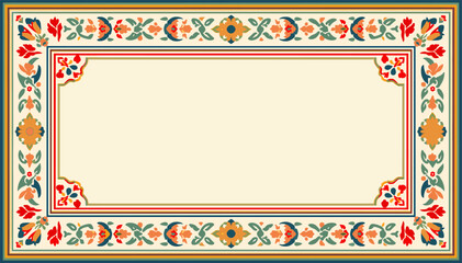 Ornate traditional rectangular frame with intricate floral and geometric patterns in vibrant colors, perfect for invitations or decorative borders. © Pitu