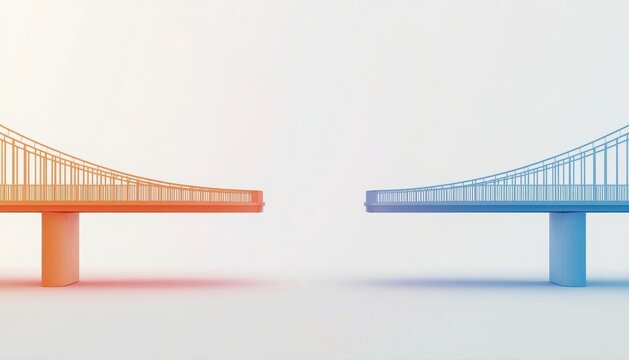 Two opposing bridge halves in orange and blue separated by a wide gap with separation architecture disconnect division opposite challenge distance minimalist structure conceptual strategy