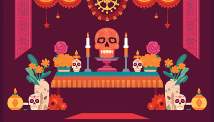 Naklejka premium Vibrant Dia de los Muertos altar with a central skull, candles, marigolds, and sugar skulls, celebrating Mexican tradition.