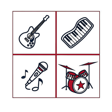 Minimalist vector musical instruments icon set with guitar, keyboard, microphone and drums