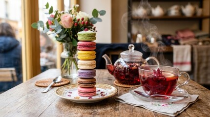 Fototapeta premium Elegant French macarons stack served with warm hibiscus herbal tea
