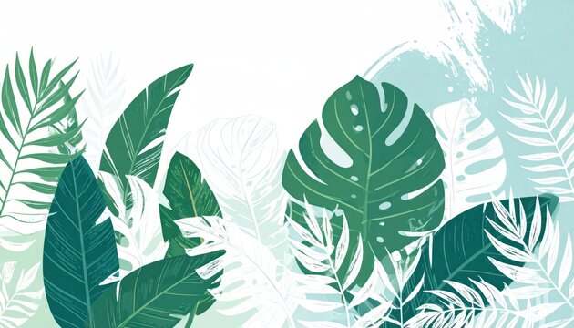 Green monstera and palm leaves on white background.