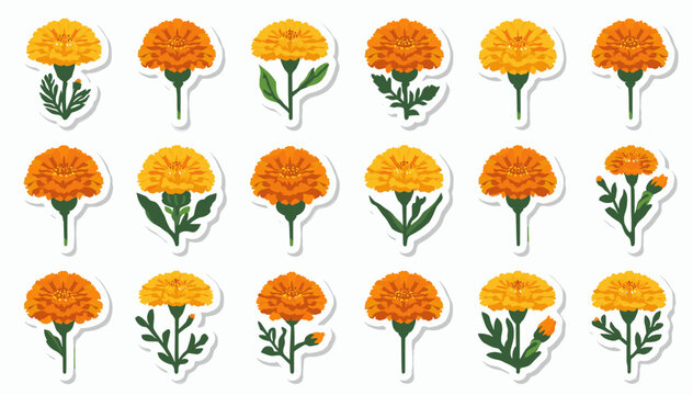 A vibrant collection of 18 stylized marigold flower illustrations, each unique in its petal arrangement and stem detail, presented as individual stickers on a white background.