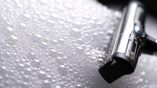 Squeegee cleaning a bubbly surface with soap foam and water droplets