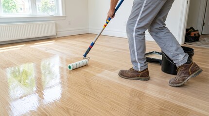Fototapeta premium Professional worker applying varnish to a wooden floor with a paint roller