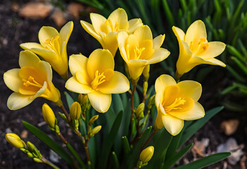 Fototapeta premium Yellow freesia flowers blooming in garden