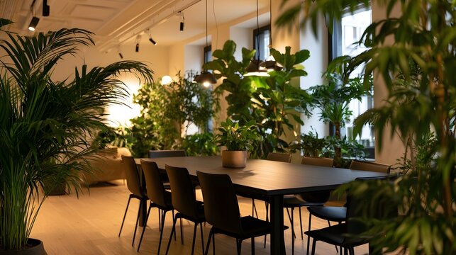 An innovative conference room featuring high ceilings abundant plants and soft ambient light creates a tranquil and inviting workspace atmosphere