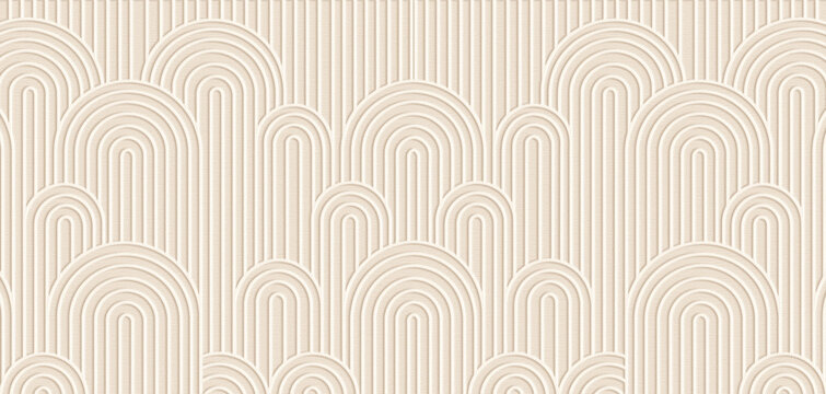 A 3D-rendered, warm beige geometric background featuring a continuous pattern of parallel lines forming interlocking, ribbed arches.
