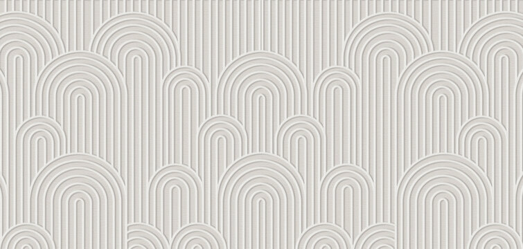 A 3D-rendered, cool white and light grey geometric background featuring a continuous pattern of parallel lines forming interlocking, ribbed arches.