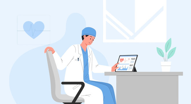 Doctor working on tablet in clinic examining medical data, healthcare concept