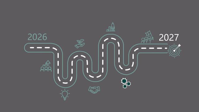 A winding roadmap illustrating a business journey from 2026 to 2027 with icons representing growth investment teamwork innovation partnership and achievement of goals