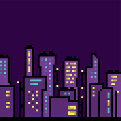 Fototapeta premium Pixel Art Night City Skyline Background with Copy Space