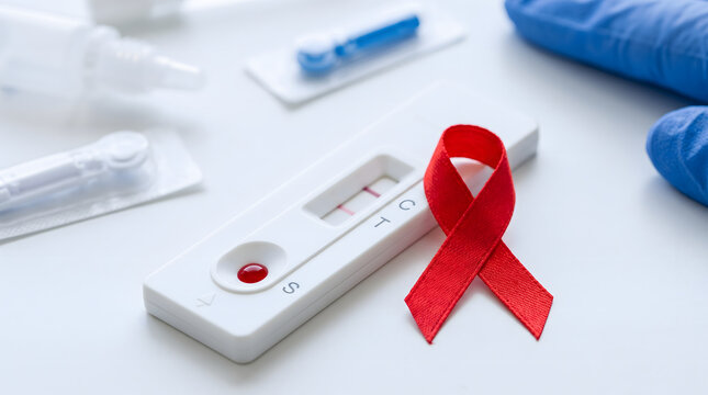 Close-up photo of an HIV test kit with a red ribbon symbolizing awareness