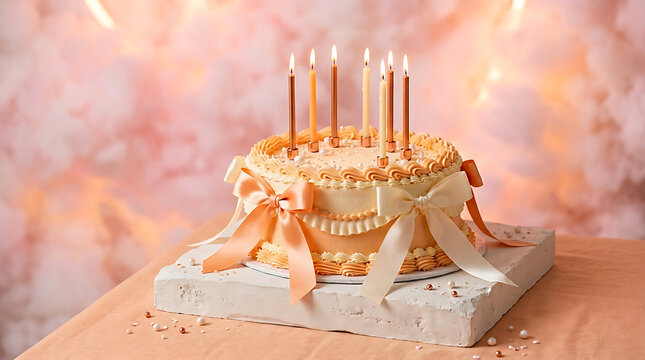 Elegant golden celebration cake with lit candles on a white pede