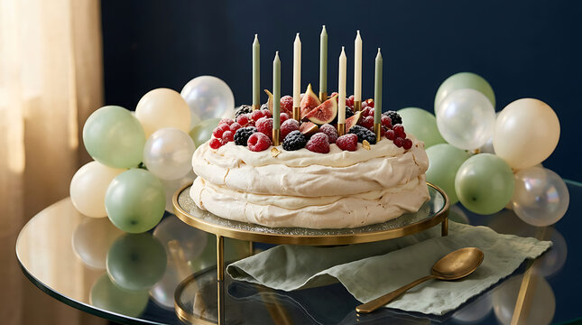 Fresh white cake centerpiece with colorful berries and green bal