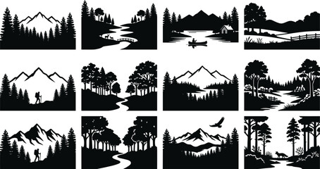Obraz premium Forest Mountain Landscape Silhouette Vector Collection with Nature Scenery and Outdoor Adventure Elements