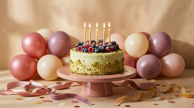 Colorful birthday cake decorated with pastel balloons and berrie