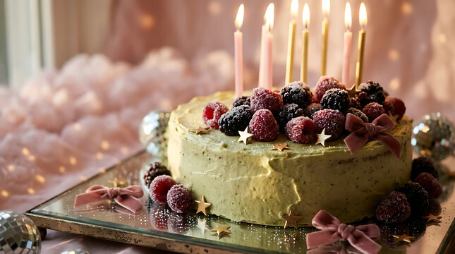 Festive birthday cake decorated with fresh berries and pink ribb