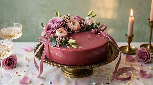 Elegant tiered cake centerpiece decorated with fresh roses and g