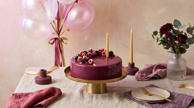 Elegant purple cake and pink balloons on a festive table setting