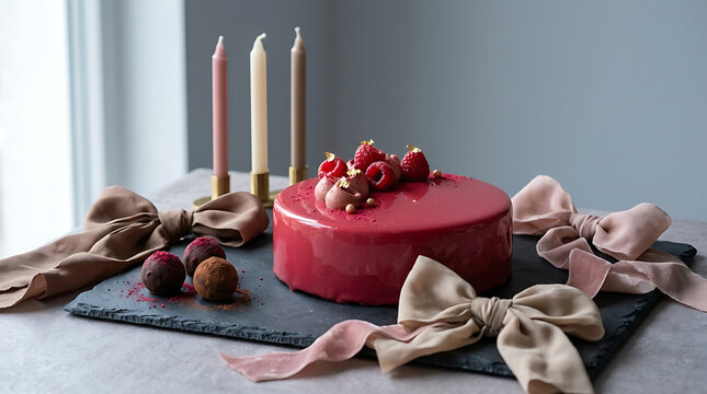 Red cake with fresh raspberries and decorative ribbons for a cel