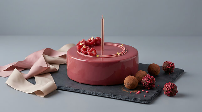 Red raspberry dessert or cake on a black slate background