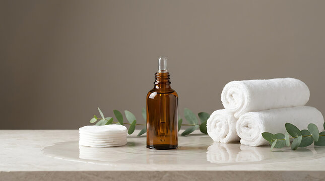 Amber essential oil bottle next to neatly folded white towels on