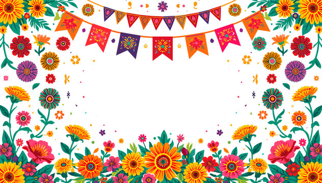 Vibrant floral border with colorful banners framing a central white space, evoking a festive and celebratory atmosphere.