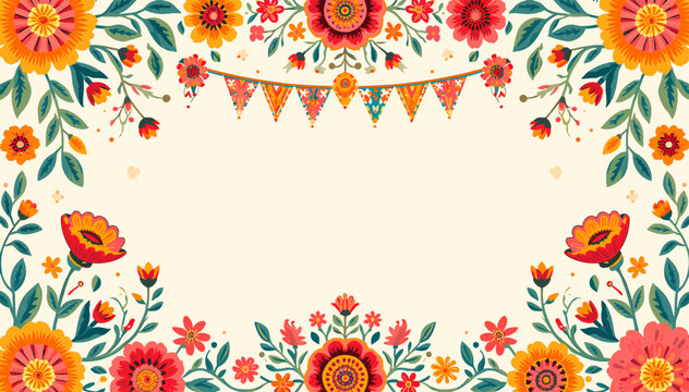 Vibrant floral border with traditional folk art style flowers and festive bunting on a light background.