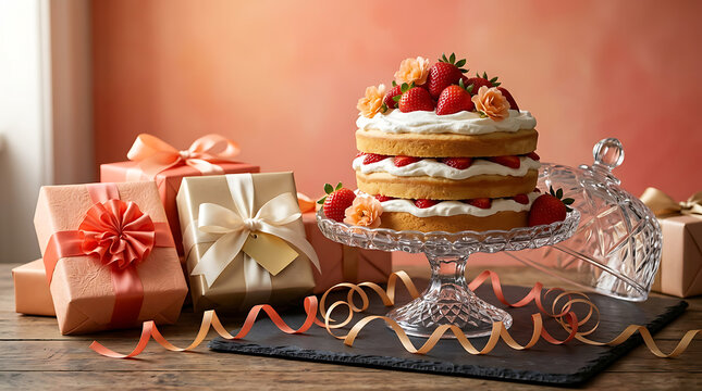 Festive gift arrangement with fresh strawberries on a glass pede