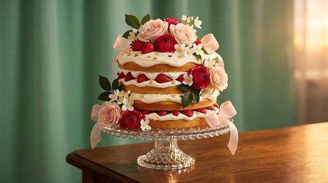 Tiered strawberry cake decorated with pink roses and fresh berri