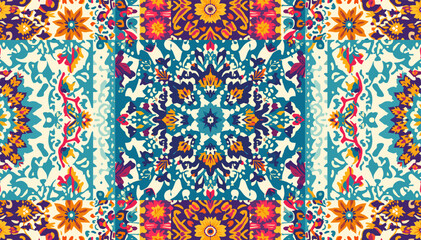 Vibrant symmetrical kaleidoscopic pattern with intricate bohemian floral and geometric motifs in teal, orange, yellow, and purple hues, creating a rich textile design. © Warung