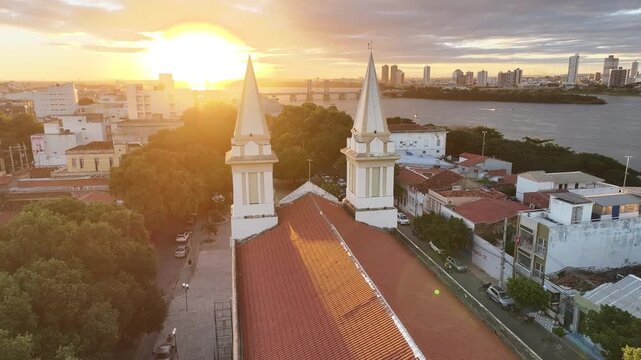 Juazeiro Skyline In Juazeiro Bahia Brazil. Breathtaking Aerial View Of Famous Church In The City. Building Industrial Skyline Bird View Awesome. Sunset. Juazeiro Bahia.