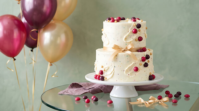 Tiered celebration cake decorated with colorful balloons on a gl