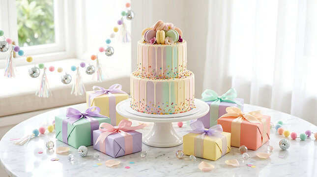 Tiered pastel celebration cake with colorful gift boxes and ribb