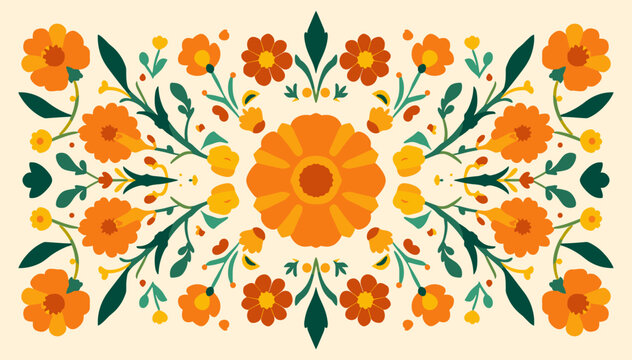 Vibrant symmetrical floral pattern with stylized orange and yellow marigolds and green leaves on a light background, inspired by traditional folk art.