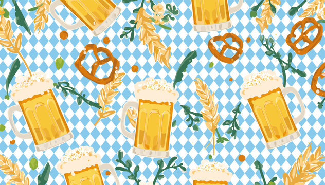 A vibrant seamless pattern featuring traditional Oktoberfest elements like frothy beer mugs, golden pretzels, wheat stalks, and green hops on a classic blue and white Bavarian diamond background.