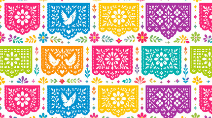 Fototapeta premium Vibrant seamless pattern of traditional Mexican papel picado banners with intricate floral and bird designs on a white background.